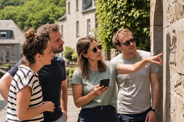 Amis résolvant une énigme d'escape game extérieur dans un village ardennais