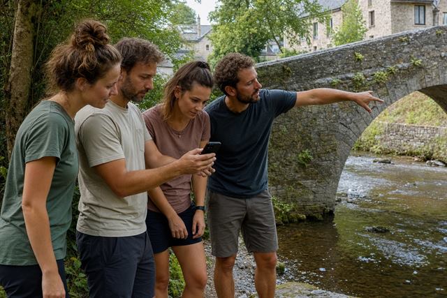 Équipe suivant un parcours d'énigmes près d'un pont en Ardenne