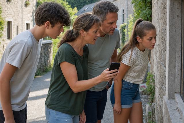 Famille participant à un parcours d'énigmes extérieur en Ardenne