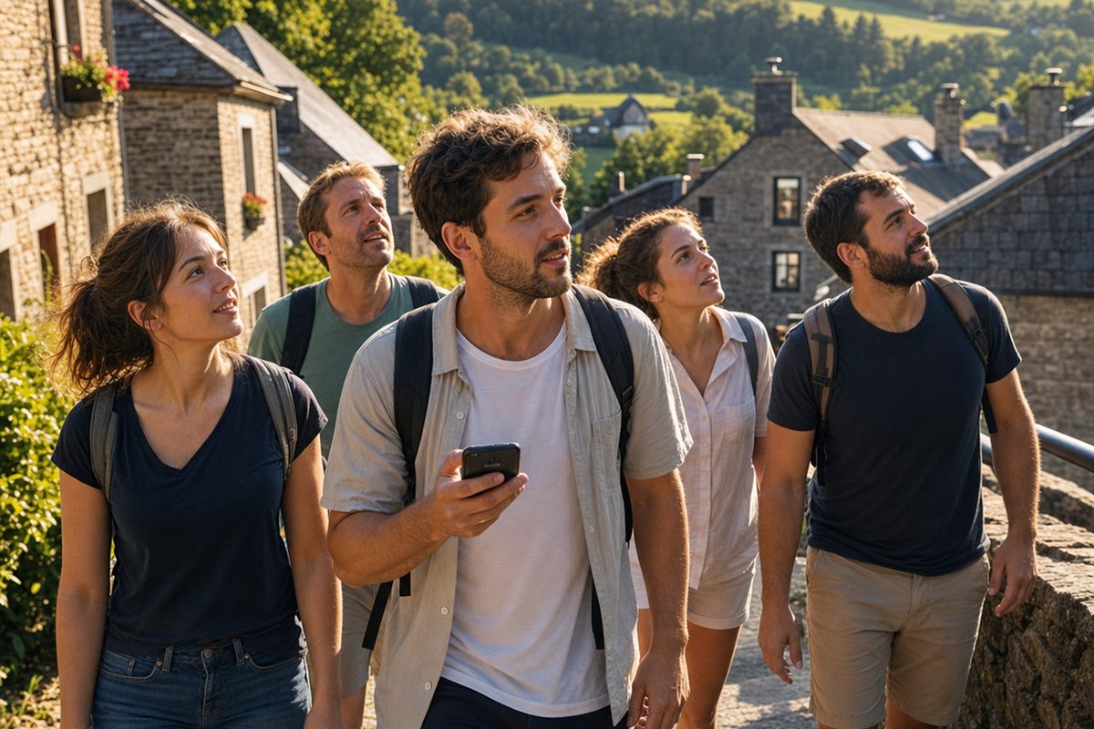 Groupe en aventure avec un smartphone dans un village ardennais